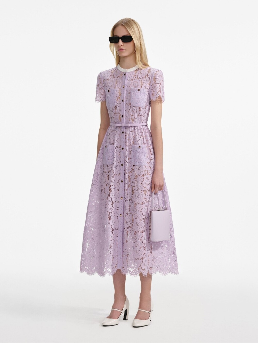 SELF-PORTRAIT Lilac Lace Button Front Midi Dress Size 4 - Picture 2 of 9